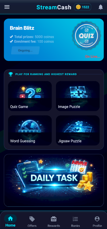 StreamCash Home Screen